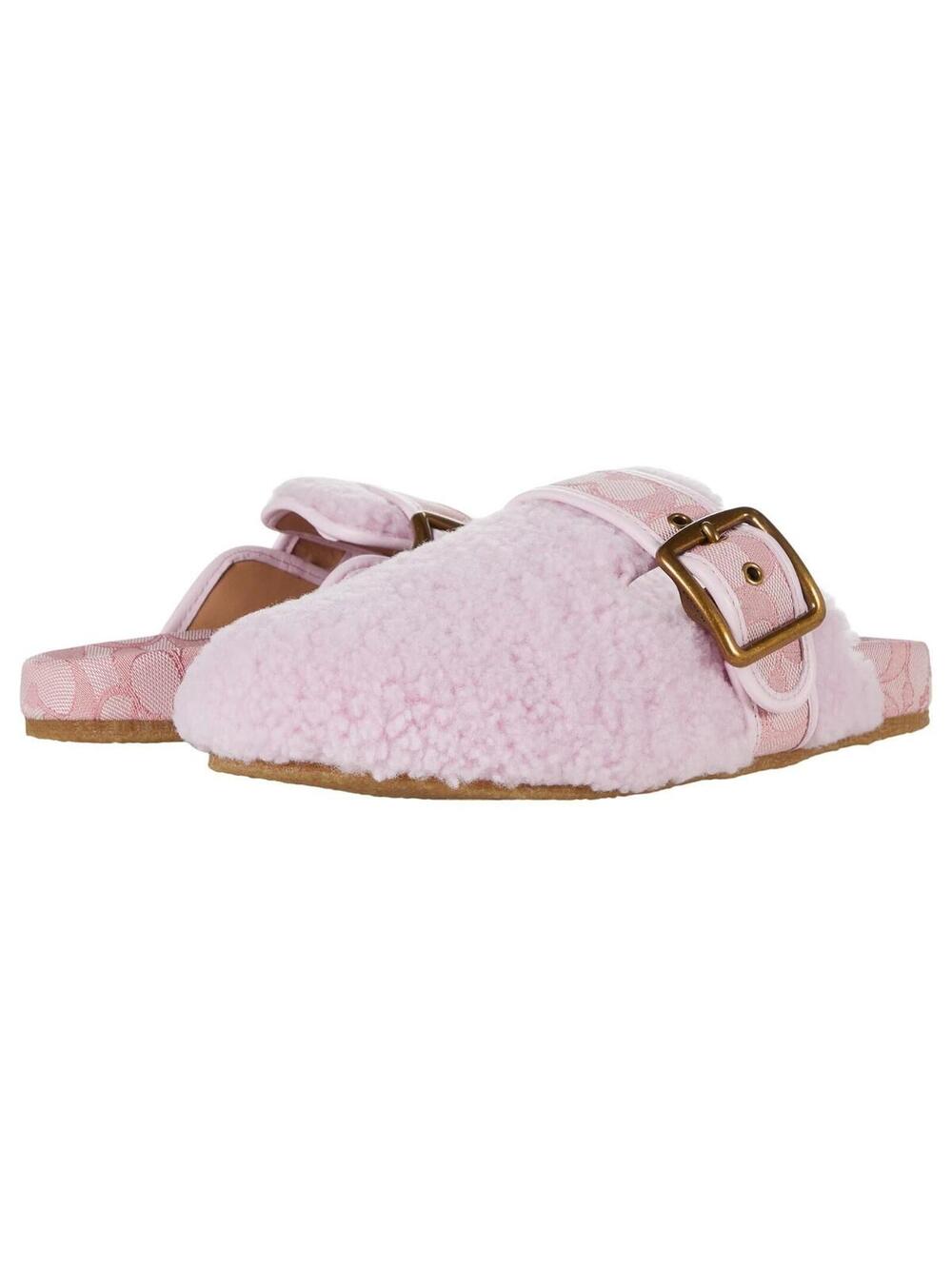 COACH Clog Shearling Slippers C6463 Pale Pink Buckle Signature Logo 7.5 NEW Box